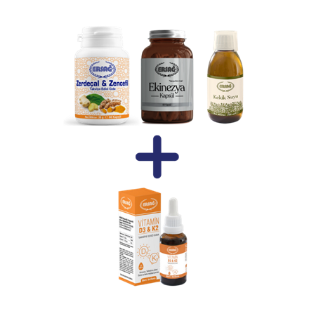 ERSAĞ ZERDEÇAL ZENCEFİL, EKİNEZYA KAPSÜL, KEKİK SUYU 200 ML ALANA VİTAMİN D3-K2 30 ML HEDİYE