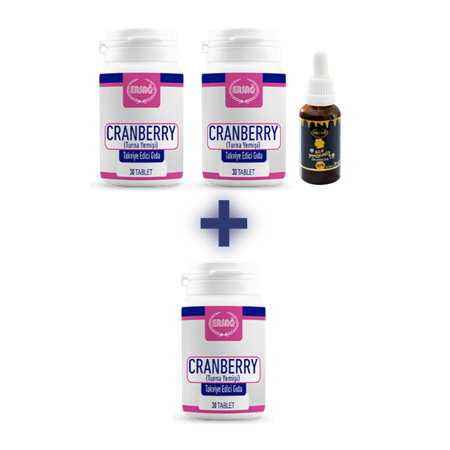 ERSAĞ 3 ADET CRANBERRY (TURNA YEMİŞİ) TABLET, 1 ADET SIVI PROPOLİS 30 ML ALANA CRANBERRY